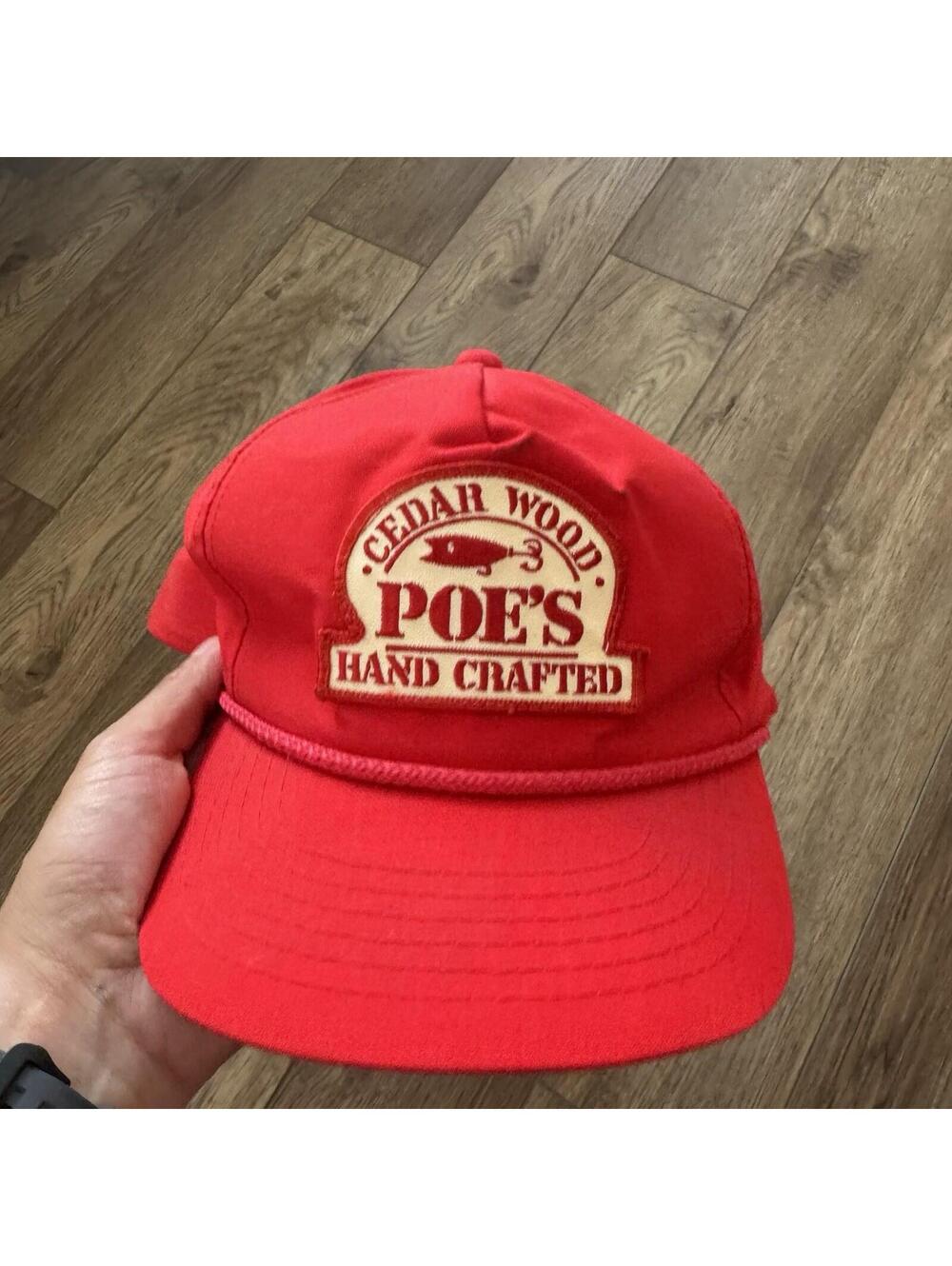 Vtg 90s Poe's Cedar Wood Lures Fishing Snapback Hat Red Rope